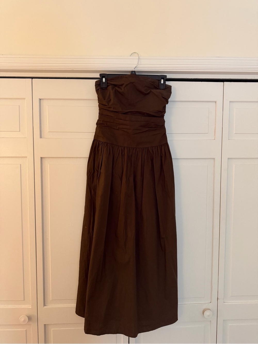 Strapless Brown Midi Dress with Ruched Bodice